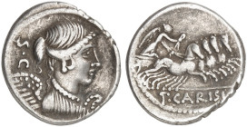 RÖMISCHE MÜNZEN. RÖMISCHE REPUBLIK. T. Carisius.&nbsp;&nbsp; 
 Denar, 46 v. Chr. Victoriabüste / Victoria in Biga.
Cr. 464/5; S. 985 3,40 g ss