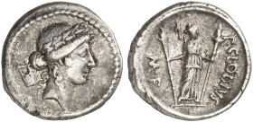 RÖMISCHE MÜNZEN. RÖMISCHE REPUBLIK. P. Clodius.&nbsp;&nbsp; 
 Denar, 42 v. Chr. Apollokopf, dahinter Lyra / Stehende Diana Lucifera mit zwei Fackeln....