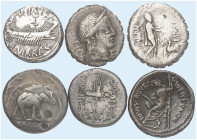 RÖMISCHE MÜNZEN. RÖMISCHE REPUBLIK. LOTS.&nbsp;&nbsp; 
 Lot von 6 Stück: Republikdenare von C. Iulius Caesar (Elefant), Marcus Antonius (2 Legionsden...
