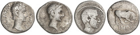 RÖMISCHE MÜNZEN. RÖMISCHE KAISERZEIT. Augustus, 27 v. - 14 n. Chr.&nbsp;&nbsp; 
 Lot von 3 Stück: Denare. Augustuskopf / Stier bzw. Statue auf Säule,...