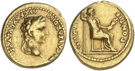 RÖMISCHE MÜNZEN. RÖMISCHE KAISERZEIT. Tiberius, 14 - 37.&nbsp;&nbsp; 
 Aureus, Lugdunum. Rev. Thronende Livia als Pax.
RIC 25 (R2); C. 15; Cal. 305d...