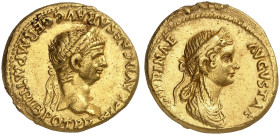 RÖMISCHE MÜNZEN. RÖMISCHE KAISERZEIT. Claudius, 41 - 54.&nbsp;&nbsp; 
 Aureus. Rev. Büster der Agrippina I.
RIC 80; Cal. 396 Gold, RR ! 7,57 g Rdf.,...