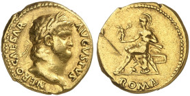 RÖMISCHE MÜNZEN. RÖMISCHE KAISERZEIT. Nero Augustus, 54 - 68.&nbsp;&nbsp; 
 Aureus. Rev. Thronende Roma.
RIC 54; BMC 81; Cal. 439 Gold 7,29 g kl. Rd...