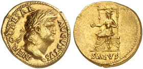 RÖMISCHE MÜNZEN. RÖMISCHE KAISERZEIT. Nero Augustus, 54 - 68.&nbsp;&nbsp; 
 Aureus. Rev. Thronende Salus.
RIC 59 (R); BMC 87; Cal. 443 corr. Gold 7,...