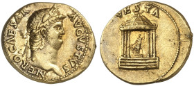 RÖMISCHE MÜNZEN. RÖMISCHE KAISERZEIT. Nero Augustus, 54 - 68.&nbsp;&nbsp; 
 Aureus. Rev. Vestatempel.
RIC 61; BMC 103; Bauten Roms 2; Cal. 448 Gold ...