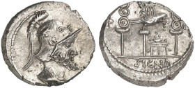 RÖMISCHE MÜNZEN. RÖMISCHE KAISERZEIT. Bürgerkrieg, 68 - 69.&nbsp;&nbsp; 
 Denar, 68. Marsbüste / Altar zwischen drei Feldzeichen.
RIC 39 (R2); Marti...