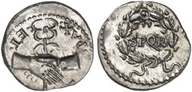 RÖMISCHE MÜNZEN. RÖMISCHE KAISERZEIT. Bürgerkrieg, 68 - 69.&nbsp;&nbsp; 
 Denar. Handschlag mit Caduceus / SPQR in Eichenkranz.
RIC 58 (R4); Martin ...