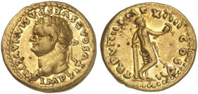 RÖMISCHE MÜNZEN. RÖMISCHE KAISERZEIT. Titus Augustus, 79 - 81.&nbsp;&nbsp; 
 Aureus. Kopf n. links / Stehene Venus an Säule.
RIC 33 var.; Cal. 767 v...