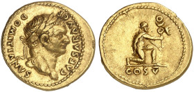 RÖMISCHE MÜNZEN. RÖMISCHE KAISERZEIT. Domitianus Caesar, 69 - 81.&nbsp;&nbsp; 
 Aureus. Rev. Kniender Gefangener hält Vexillium.
RIC (Vespasian) 959...