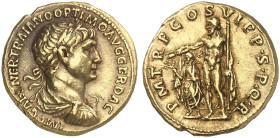 RÖMISCHE MÜNZEN. RÖMISCHE KAISERZEIT. Traianus, 98 - 117.&nbsp;&nbsp; 
 Aureus. Rev. Überlebensgroßer Iuppiter bekränzt den Kaiser.
RIC 336; C. 268;...