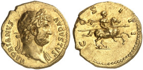 RÖMISCHE MÜNZEN. RÖMISCHE KAISERZEIT. Hadrianus, 117 - 138.&nbsp;&nbsp; 
 Aureus. Rev. Reitender Kaiser.
RIC 772; BMC 435; Cal. 1224a Gold, RR ! 7,2...