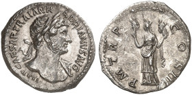 RÖMISCHE MÜNZEN. RÖMISCHE KAISERZEIT. Hadrianus, 117 - 138.&nbsp;&nbsp; 
 Denar. Rev. Stehende Aeternitas hält die Köpfe von Sonne und Mond.
RIC 81 ...