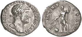 RÖMISCHE MÜNZEN. RÖMISCHE KAISERZEIT. Hadrianus, 117 - 138.&nbsp;&nbsp; 
 Denar. Rev. Stehender Kaiser mit Ruder auf Globus und Speer.
RIC 110; C. 1...