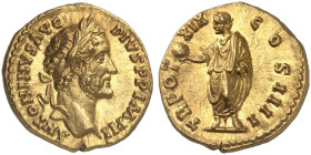RÖMISCHE MÜNZEN. RÖMISCHE KAISERZEIT. Antoninius Pius, 138 - 161.&nbsp;&nbsp; 
 Aureus. Rev. Stehender Kaiser.
RIC 256a; C. 595; Cal. 1674 Gold, R !...