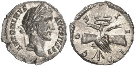 RÖMISCHE MÜNZEN. RÖMISCHE KAISERZEIT. Antoninius Pius, 138 - 161.&nbsp;&nbsp; 
 Denar. Rev. Handschlag mit Caduceus und Ähren.
RIC 136; C. 344 Prach...