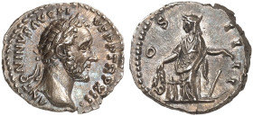 RÖMISCHE MÜNZEN. RÖMISCHE KAISERZEIT. Antoninius Pius, 138 - 161.&nbsp;&nbsp; 
 Denar. Rev. Stehende Annona vor Modius.
RIC 175; C. 284 Prachtexempl...