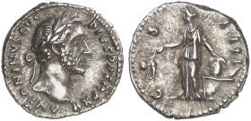 RÖMISCHE MÜNZEN. RÖMISCHE KAISERZEIT. Antoninius Pius, 138 - 161.&nbsp;&nbsp; 
 Denar. Rev. Stehende Annona mit Ähren und Modius auf Prora.
RIC 210;...