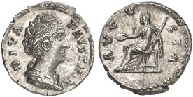 RÖMISCHE MÜNZEN. RÖMISCHE KAISERZEIT. Faustina I., gest. 141.&nbsp;&nbsp; 
 Denar. Rev. Thronende Vesta.
RIC 371; C. 119 3,37 g vz - prfr