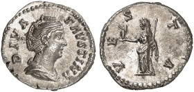 RÖMISCHE MÜNZEN. RÖMISCHE KAISERZEIT. Faustina I., gest. 141.&nbsp;&nbsp; 
 Denar. Rev. Stehende Vesta.
RIC 400; C. 291 Prachtexemplar von feinster ...