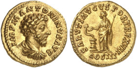 RÖMISCHE MÜNZEN. RÖMISCHE KAISERZEIT. Marcus Aurelius Augustus, 161 - 180.&nbsp;&nbsp; 
 Aureus. Rev. Stehende Salus mit Schlange vor Altar.
RIC 77;...
