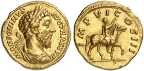 RÖMISCHE MÜNZEN. RÖMISCHE KAISERZEIT. Marcus Aurelius Augustus, 161 - 180.&nbsp;&nbsp; 
 Aureus. Rev. Reitender Kaiser.
RIC 294; Cal. 1870 Gold, RR ...