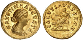 RÖMISCHE MÜNZEN. RÖMISCHE KAISERZEIT. Faustina II., gest. um 175.&nbsp;&nbsp; 
 Aureus. Rev. Thronende Salus, davor Altar mit Schlange.
RIC 716; Cal...