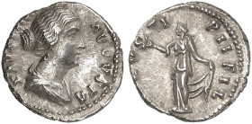 RÖMISCHE MÜNZEN. RÖMISCHE KAISERZEIT. Faustina II., gest. um 175.&nbsp;&nbsp; 
 Denar. Rev, Stehende Spes.
RIC (A. P.) 497; C. 24 3,39 g l. dezentri...