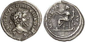 RÖMISCHE MÜNZEN. RÖMISCHE KAISERZEIT. Septimius Severus, 193 - 211.&nbsp;&nbsp; 
 Denar. Rev. Thronende Moneta.
RIC 135b 3,08 g ss - vz / ss