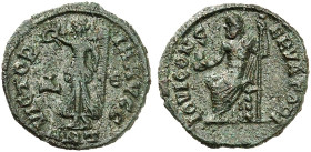 RÖMISCHE MÜNZEN. RÖMISCHE KAISERZEIT. Anonym.&nbsp;&nbsp; 
 1/8 Nummus, um 299/300, Antiocheia. Stehende Victoria / Thronender Iuppiter.
RIC - ; Slg...