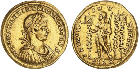RÖMISCHE MÜNZEN. RÖMISCHE KAISERZEIT. Constantinus II. Caesar, 317 - 337.&nbsp;&nbsp; 
 Solidus, Sirmium. Rev. Stehender Princeps Iuventutis mit drei...