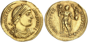 RÖMISCHE MÜNZEN. RÖMISCHE KAISERZEIT. Valentinianus I., 364 - 375.&nbsp;&nbsp; 
 Solidus, Antiocheia. Rev. Stehender Kaiser mit Labarum und Victoriol...