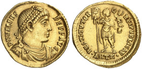 RÖMISCHE MÜNZEN. RÖMISCHE KAISERZEIT. Valens, 364 - 378.&nbsp;&nbsp; 
 Solidus, Antiocheia. Rev. Stehender Kaiser mit Labarum und Victoriola.
RIC 2d...
