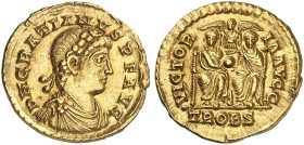 RÖMISCHE MÜNZEN. RÖMISCHE KAISERZEIT. Gratianus, 367 - 383.&nbsp;&nbsp; 
 Solidus, Trier. Rev. Victoriola über zwei thronenden Kaisern.
RIC 17g Gold...