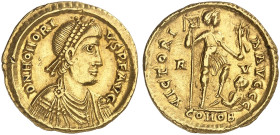 RÖMISCHE MÜNZEN. RÖMISCHE KAISERZEIT. Honorius, 393 - 423.&nbsp;&nbsp; 
 Solidus, Ravenna. Rev. Stehender Kaiser mit Labarum und Victoriola über gest...