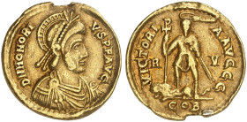 RÖMISCHE MÜNZEN. RÖMISCHE KAISERZEIT. Honorius, 393 - 423.&nbsp;&nbsp; 
 Solidus, nach 408, Ravenna. Büste mit Prunkhelm / Stehender Kaiser, Fuß auf ...