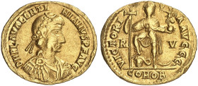 RÖMISCHE MÜNZEN. RÖMISCHE KAISERZEIT. Valentinianus III., 425 - 455.&nbsp;&nbsp; 
 Solidus, Ravenna. Rev. Stehender Kaiser mit Labarum und Victoriola...