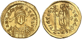 RÖMISCHE MÜNZEN. RÖMISCHE KAISERZEIT. Leo I., 457 - 474.&nbsp;&nbsp; 
 Solidus, Constantinopolis. Rev. Stehende Victoria mit Langkreuz. 7. Offizin.
...