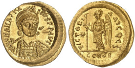 BYZANTINISCHE MÜNZEN. Anastasius, 491 - 518.&nbsp;&nbsp; 
 Solidus. Rev. Stehender Engel mit Kreuzstab, links Stern. 6. Offizin.
S. 5 Gold 4,48 g et...