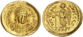 BYZANTINISCHE MÜNZEN. Anastasius, 491 - 518.&nbsp;&nbsp; 
 Ein weiteres Exemplar. 3. Offizin.
Gold 4,35 g vz