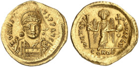 BYZANTINISCHE MÜNZEN. Iustinus I., 518 - 527.&nbsp;&nbsp; 
 Solidus. Rev. Stehender Engel mit Kreuzstab und Kreuzglobus. 8. Offizin.
S. 56 Gold 4,23...