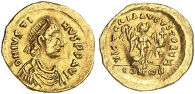 BYZANTINISCHE MÜNZEN. Iustinus I., 518 - 527.&nbsp;&nbsp; 
 Tremissis. Rev. Stehende Victoria mit Kranz und Kreuzglobus, rechts Stern.
S. 58 Gold 1,...