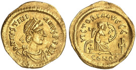BYZANTINISCHE MÜNZEN. Iustinianus I., 527 - 565.&nbsp;&nbsp; 
 Semissis. Rev. Sitzende Victoria mit Schild.
S. 143 Gold 2,17 g l. gewellt, vz