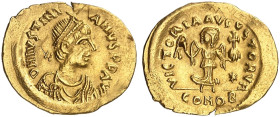 BYZANTINISCHE MÜNZEN. Iustinianus I., 527 - 565.&nbsp;&nbsp; 
 Tremissis. Rev. Stehende Victoria mit Kranz und Kreuzglobus, rechts Stern.
S. 145 Gol...