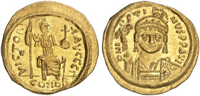 BYZANTINISCHE MÜNZEN. Iustinus II., 565 - 578.&nbsp;&nbsp; 
 Solidus. Rev. Thronende Constantinopolis mit Speer und Kreuzglobus, im Feld Stern. 3. Of...