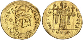 BYZANTINISCHE MÜNZEN. Mauricius Tiberius, 582 - 602.&nbsp;&nbsp; 
 Solidus. Rev. Victoria mit Langkreuz und Kreuzglobus, 8. Offizin.
S. 478 Gold 4,4...
