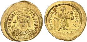 BYZANTINISCHE MÜNZEN. Mauricius Tiberius, 582 - 602.&nbsp;&nbsp; 
 Ein weiteres Exemplar. 7. Offizin.
S. 478 Gold 4,45 g Rev. Prägeschwäche a. Rand,...
