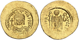 BYZANTINISCHE MÜNZEN. Mauricius Tiberius, 582 - 602.&nbsp;&nbsp; 
 Ein weiteres Exemplar. 10. Offizin.
S. 478 Gold 4,43 g Rev. Prägeschwäche, breite...