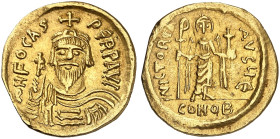 BYZANTINISCHE MÜNZEN. Focas, 602 - 610.&nbsp;&nbsp; 
 Solidus. Rev. Stehender Engel mit Kreuzstab und Kreuzglobus. 5. Offizin.
S. 620 Gold 4,39 g vz...