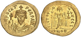 BYZANTINISCHE MÜNZEN. Focas, 602 - 610.&nbsp;&nbsp; 
 Ein weiteres Exemplar. 10. Offizin.
Gold 4,50 g min. Prägeschwäche, vz