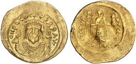 BYZANTINISCHE MÜNZEN. Focas, 602 - 610.&nbsp;&nbsp; 
 Solidus. Konsularbüste mit Mappa und Kreuz / Engel mit Stab und Globus. 5. Offizin.
S. 622; MI...
